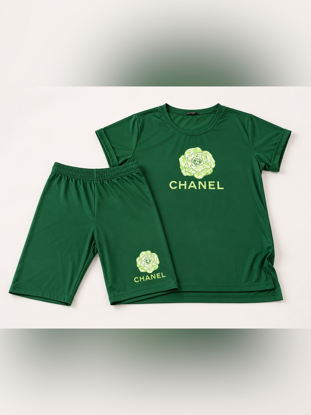 Green Camellia Plus Suze Logo Tee and Shorts Set with Neon Accents